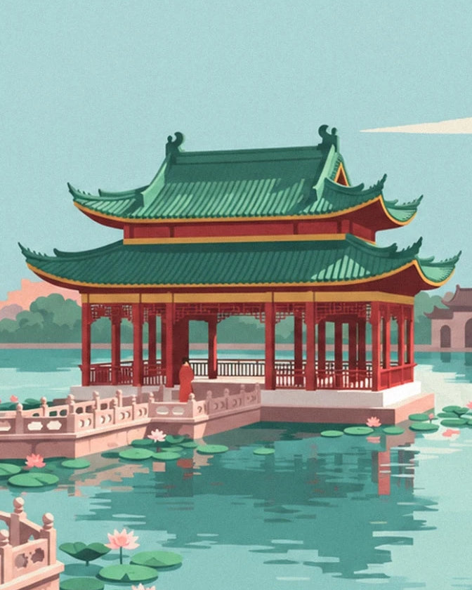 La maison de thé rouge aux toits verts relevés, au bord du bassin de lotus