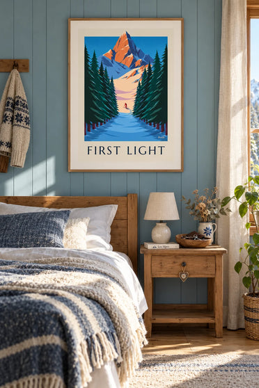 Poster of a skier at sunrise and a snowy forest: framed on the wall