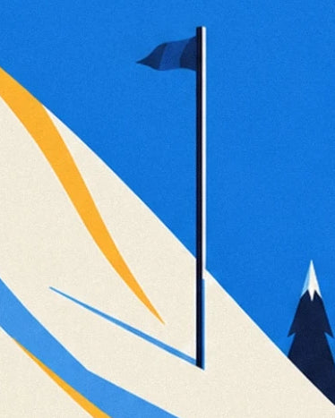 A slalom pole with a blue flag on the snowy slope beside a fir tree