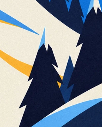 The midnight blue fir trees with angular outlines on the snowy slope