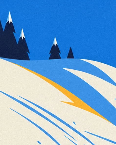 The snowy slope streaked with blue and yellow, lined with fir trees beneath a blue sky