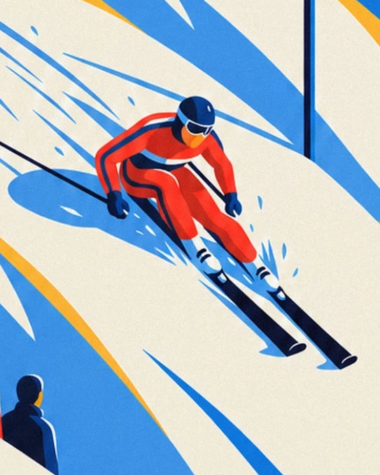 The skier in a red ski suit and blue helmet, with parallel skis on the snow