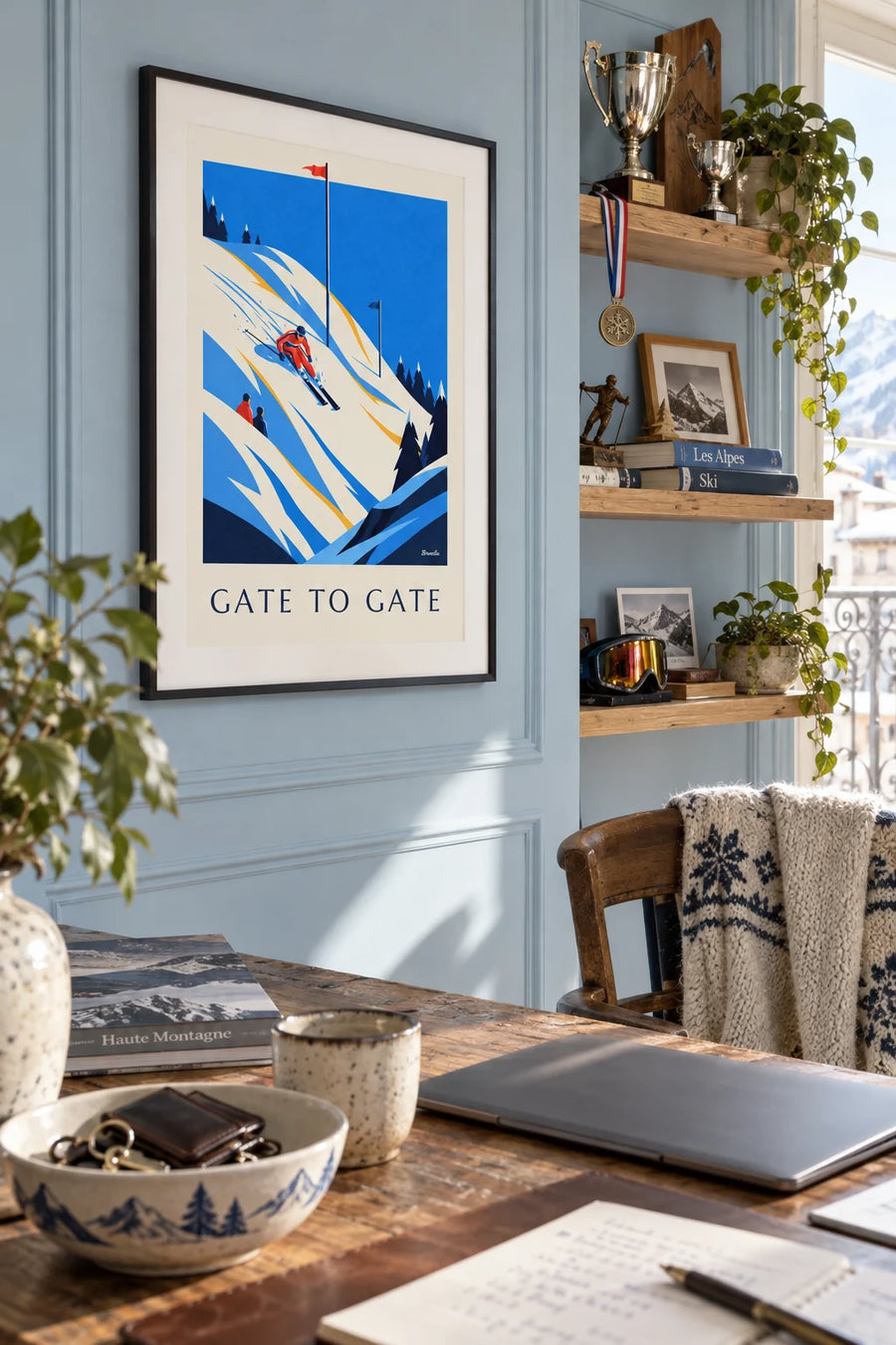 Poster of a slalom skier between red and blue gates: framed on the wall