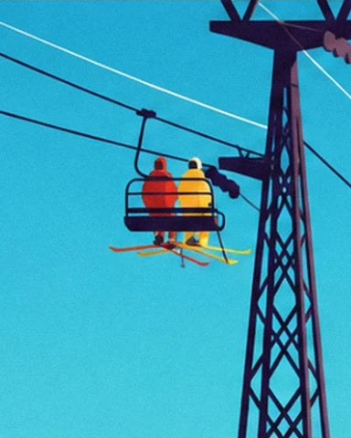 Les 2 skieurs en rouge et jaune sur le télésiège, près du pylône sombre