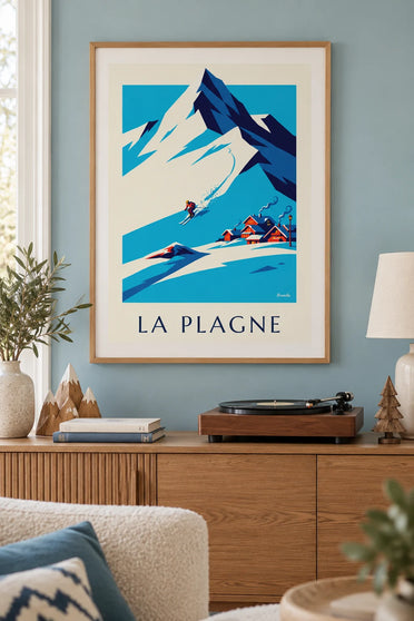 Skier descending La Plagne facing Bellecôte poster : framed on the wall