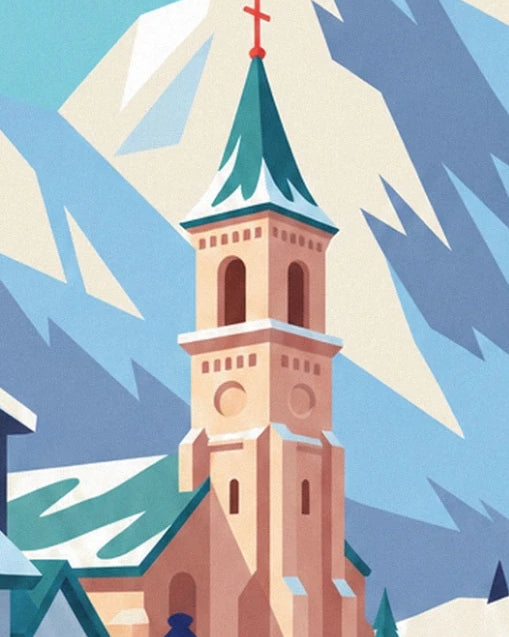 The pink bell tower of Chamonix and its snowy green spire in front of the mountains