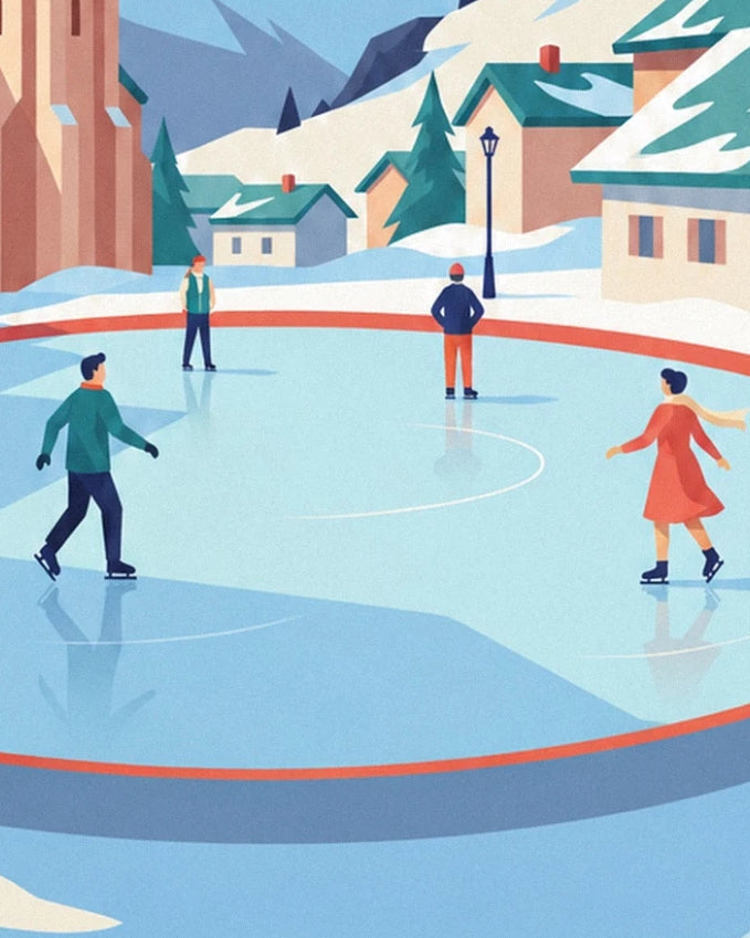 The skaters in green and orange on the blue ice, at the foot of snow-covered chalets