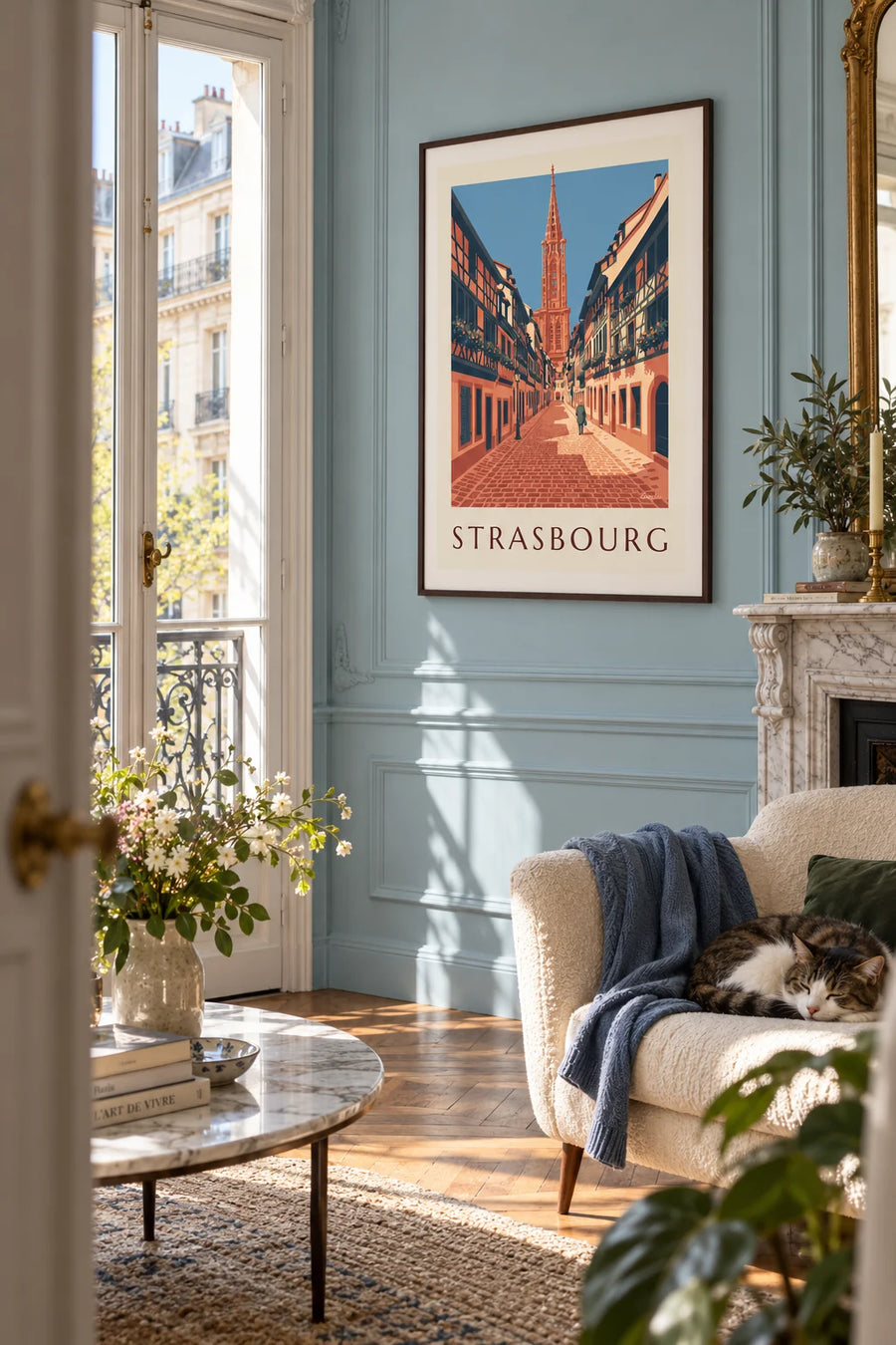Poster of a cobblestone alley and the cathedral in old Strasbourg: framed on the wall