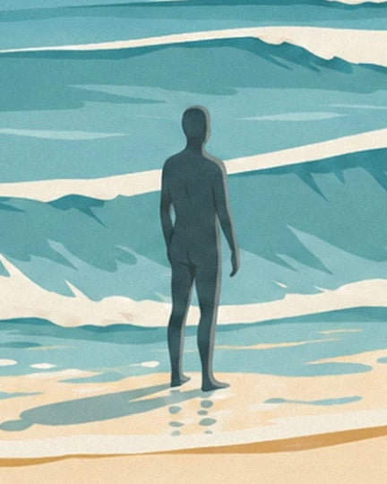 Une silhouette de dos face aux vagues turquoise, les pieds au bord de l’eau