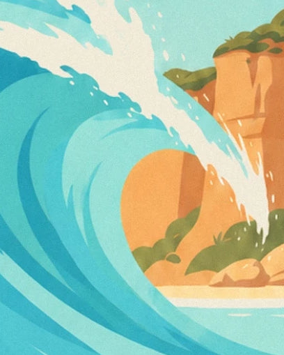 La vague en rouleau devant les falaises ocre et la végétation de Bells Beach