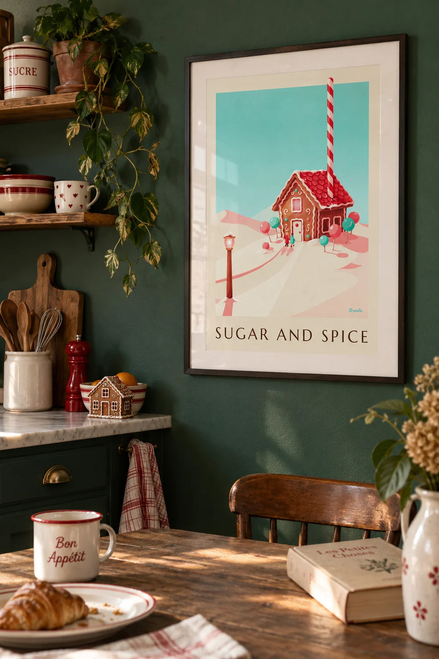 Poster of a gingerbread house and candy in the snow: framed on the wall