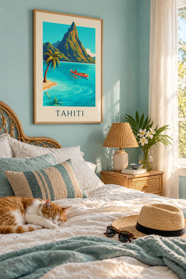 Poster of a Polynesian outrigger canoe on the ocean in Tahiti: framed on the wall