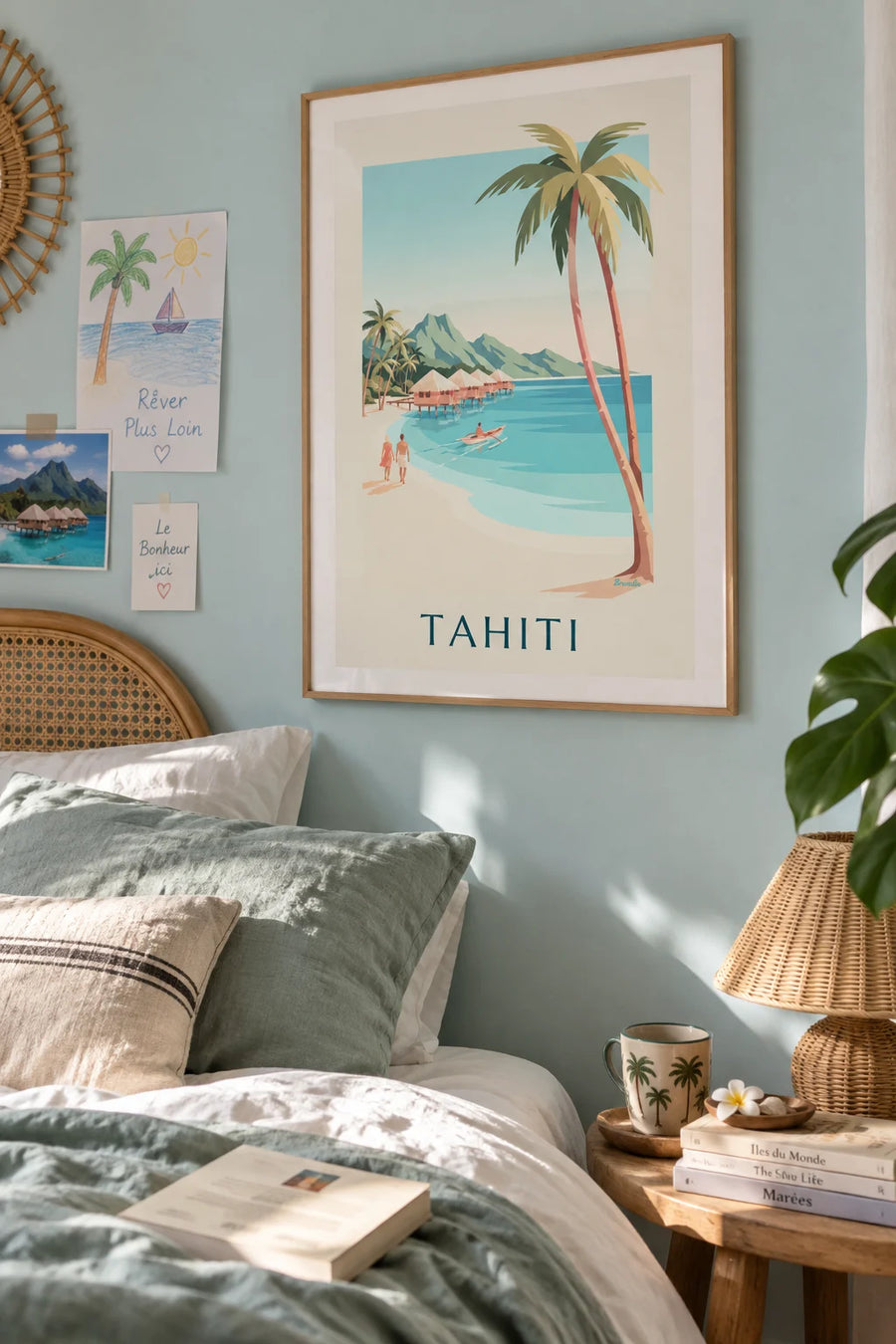 Affiche lagon tropical de Tahiti et bungalows sur pilotis : encadrée au mur