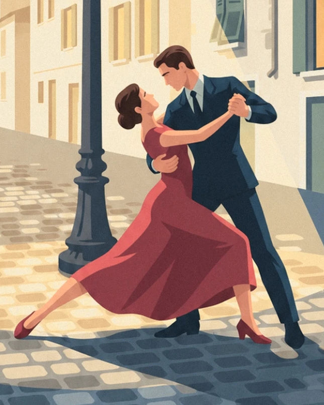 Le couple de tango enlacé, robe rouge ample et costume bleu sombre sur les pavés