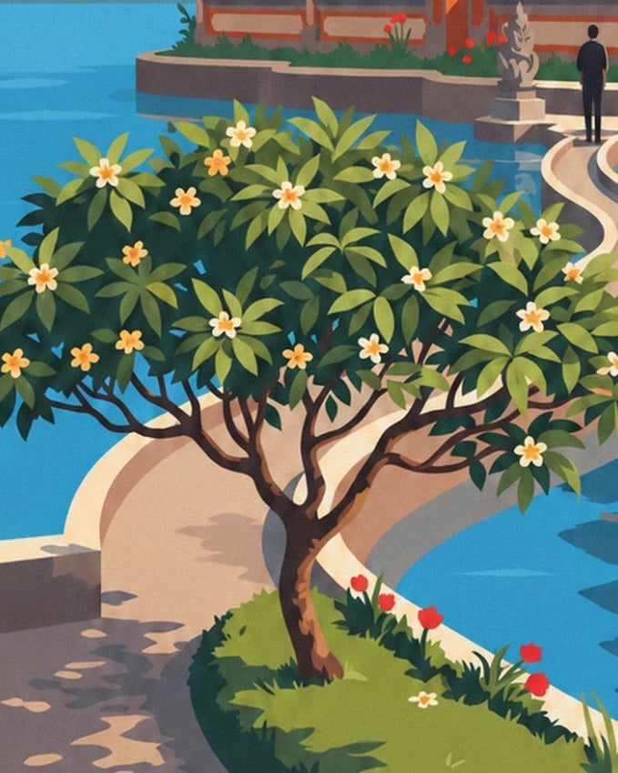 The tree with cream blossoms beside the curved path and the blue waters of the lake