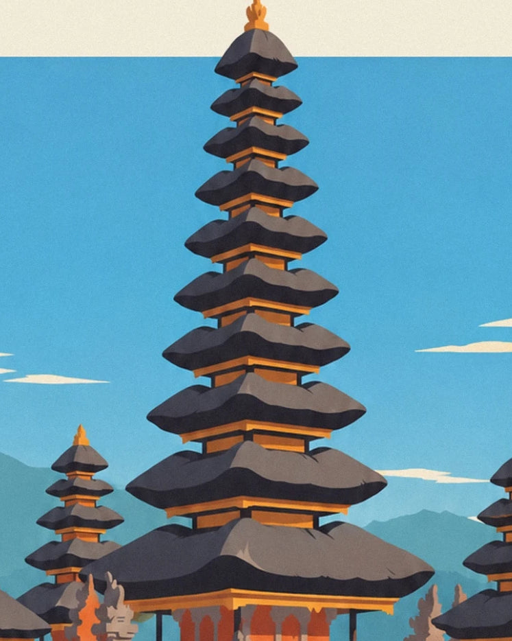 The tall Balinese temple tower and its tiered dark roofs against the blue sky