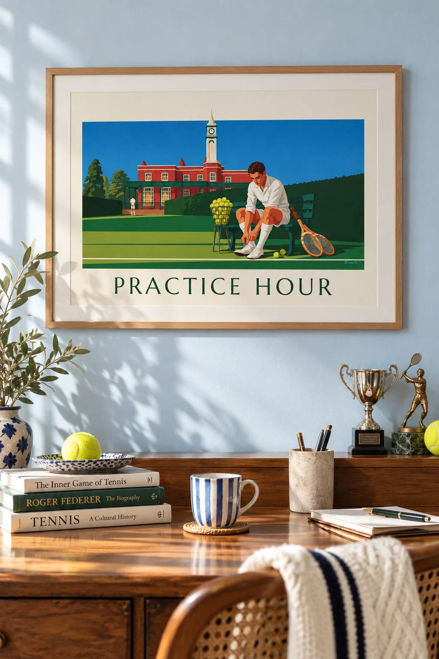 Poster of a female player picking up balls on a tennis court in the evening: framed on the wall