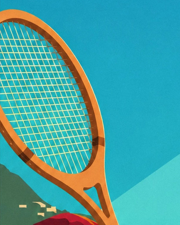 The orange wooden racket and its pale strings against a turquoise blue background
