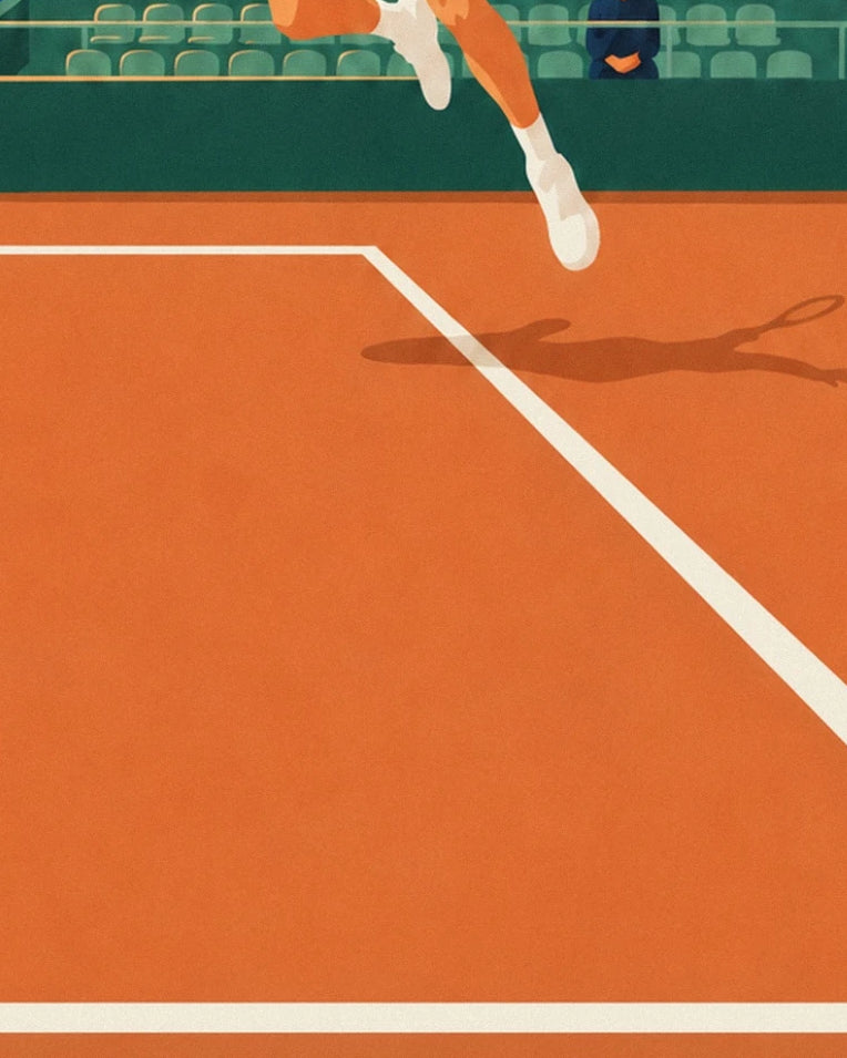 Tennis player smashing on a clay court poster: close-up detail