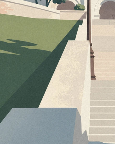 The steps bordered by a low cream wall, street lamps and a lawn with strong shadows