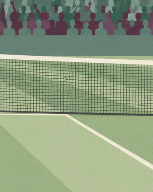 The dark mesh net and white lines on the grass tennis court