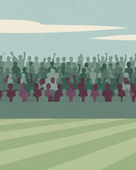 The stands filled with green and mauve figures beside the tennis court
