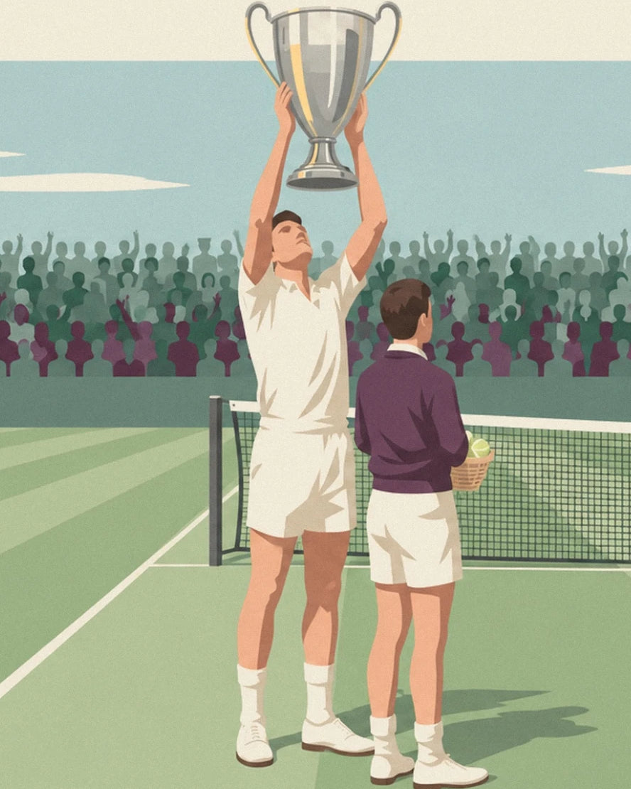 The champion in white raising his silver trophy beside the ball boy