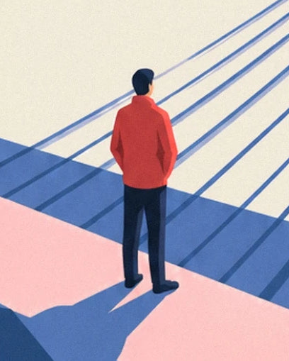 A figure seen from behind in a red jacket, facing the blue-tinged grooves of the piste
