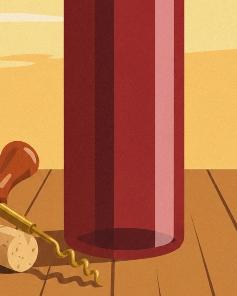 Antique corkscrew and wine bottle poster: close-up detail