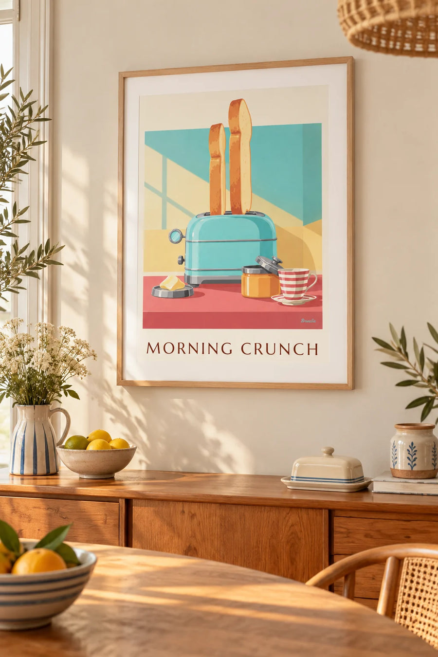 Affiche grille-pain turquoise et tartines dorées au petit-déjeuner : encadrée au mur