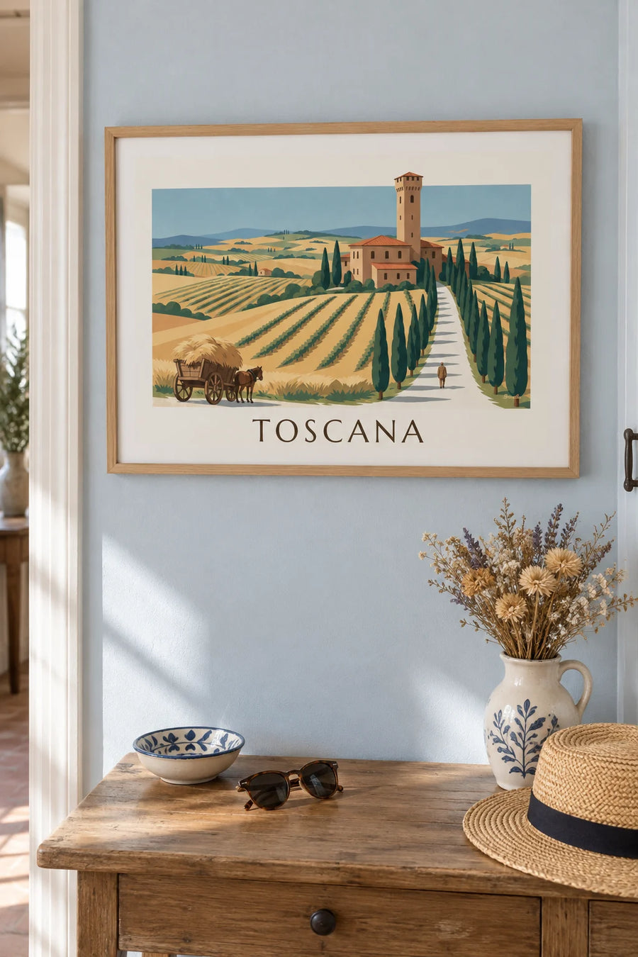 Poster of a Tuscan villa, cypress-lined lane and wheat hills: framed on the wall