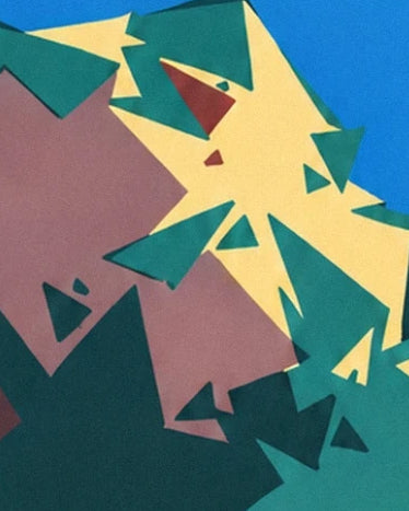 Fir green triangular shapes on flat areas of pale yellow, dusty pink and blue