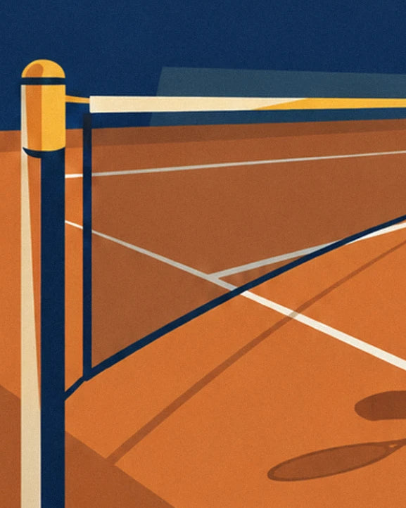 The net post and white net band, with white lines on the clay court