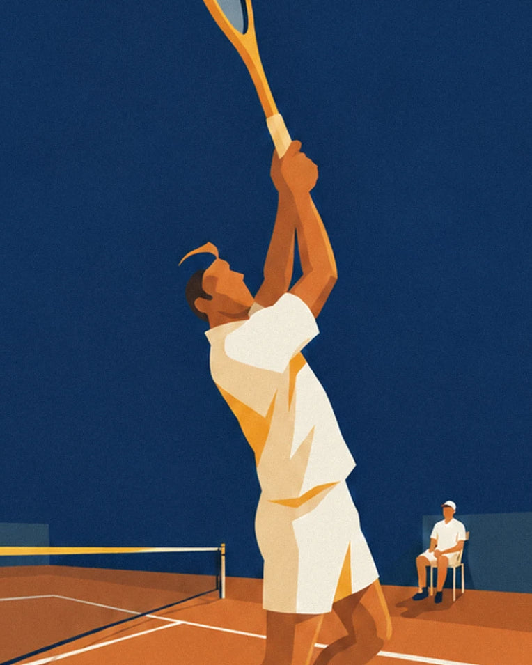 The player in white serving with racket outstretched, and the umpire seated at the back of the court