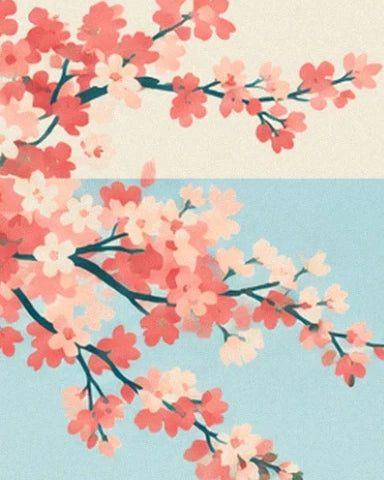 Les branches de cerisier chargées de fleurs roses sur un fond crème et bleu clair