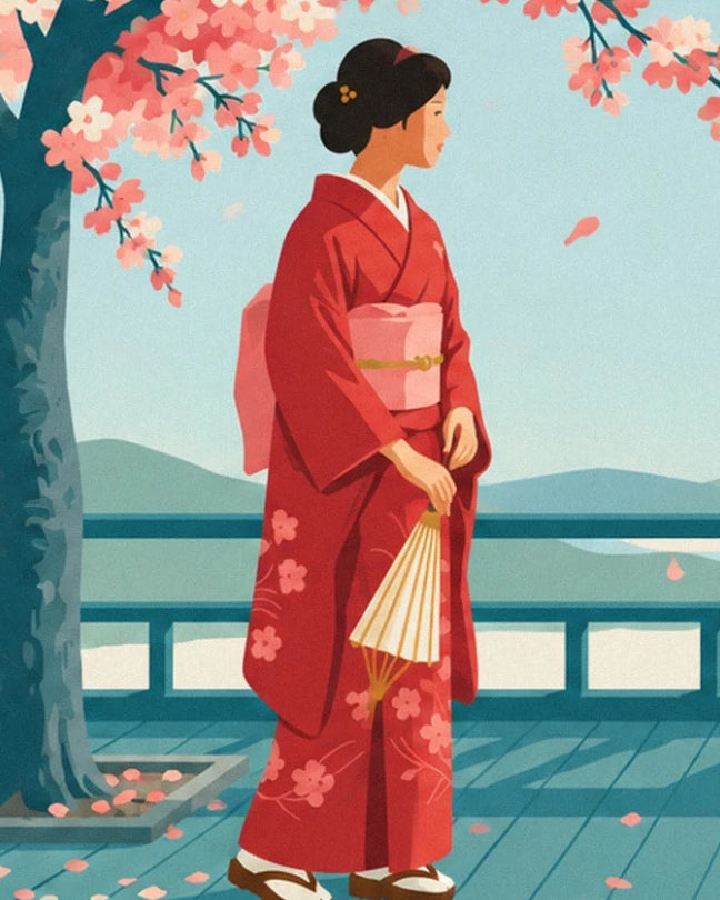 La femme en kimono rouge fleuri, son éventail à la main, sous les fleurs de cerisier