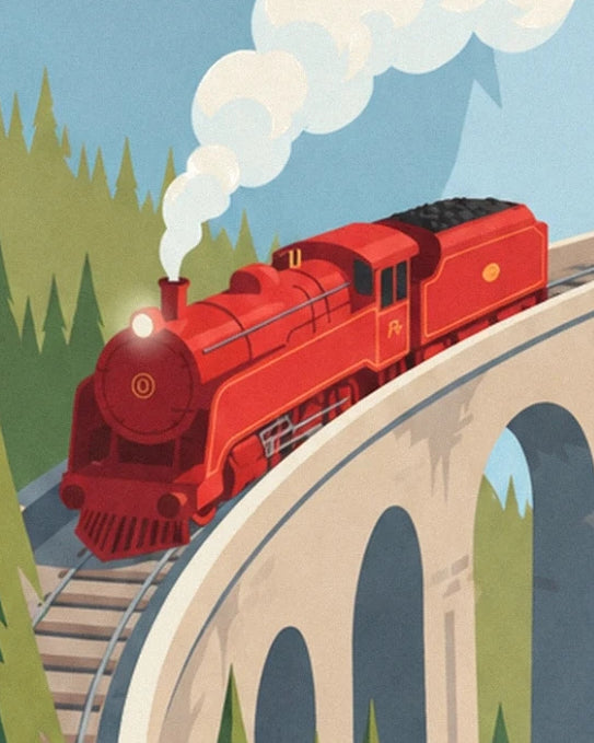 La locomotive rouge et son tender chargé de charbon sur le viaduc de pierre