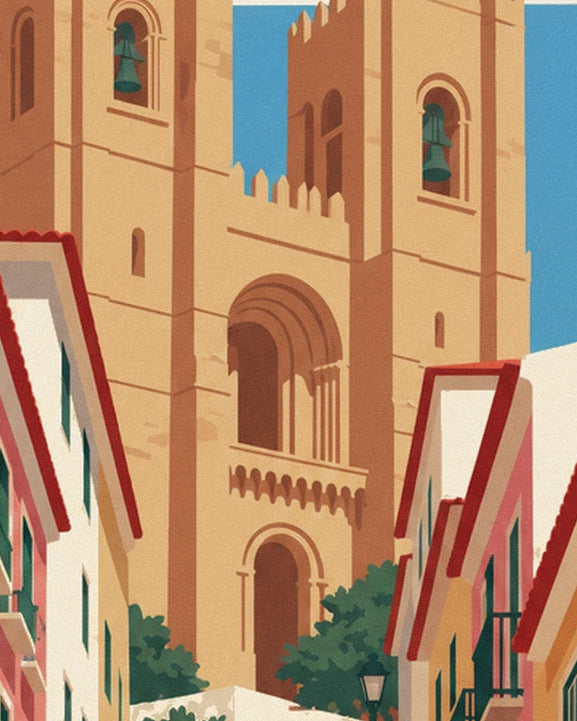 The cathedral's ochre façade with its 2 bells, between white houses with red roofs