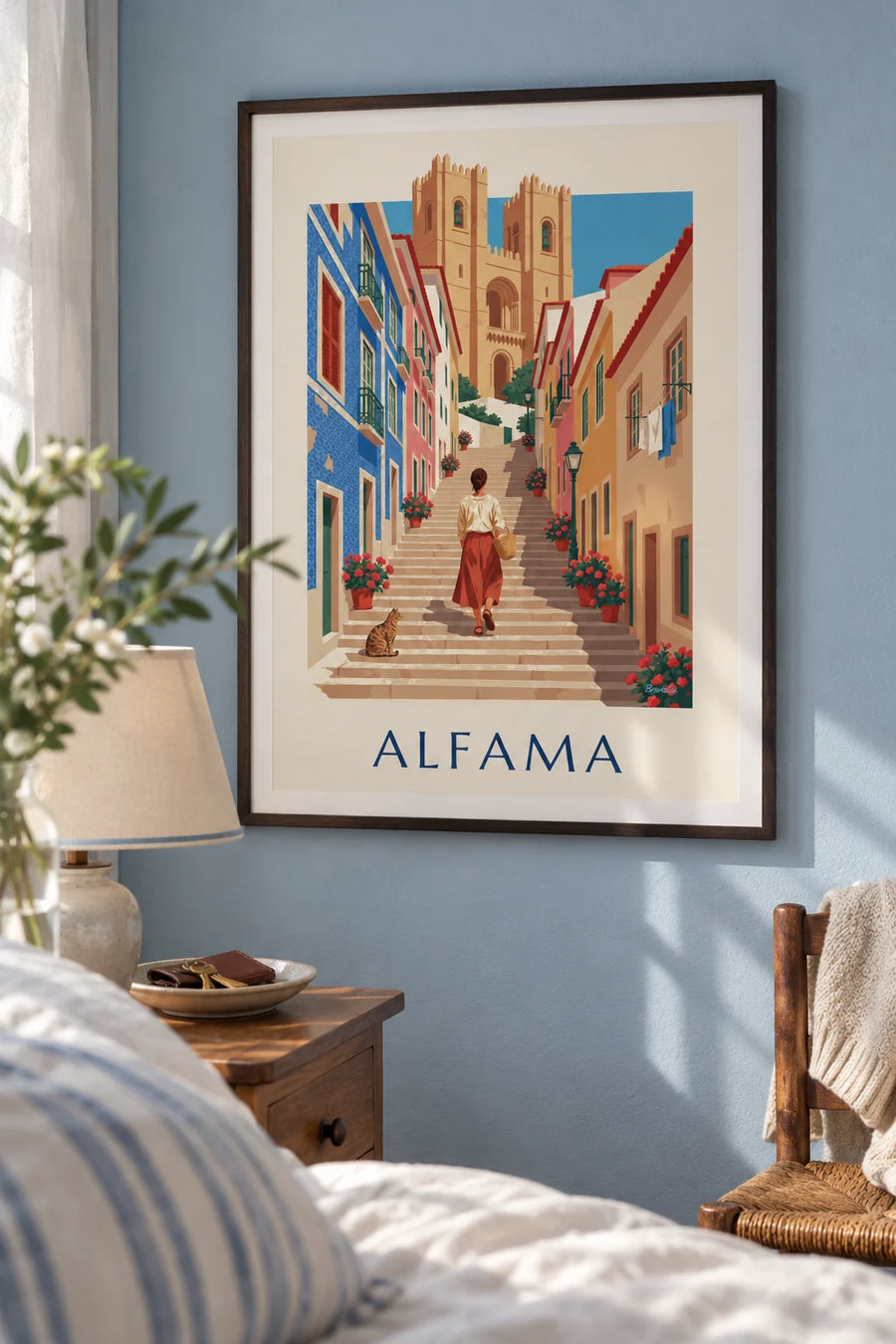 Poster of a flower-lined staircase in the Alfama below Lisbon Cathedral: framed on the wall