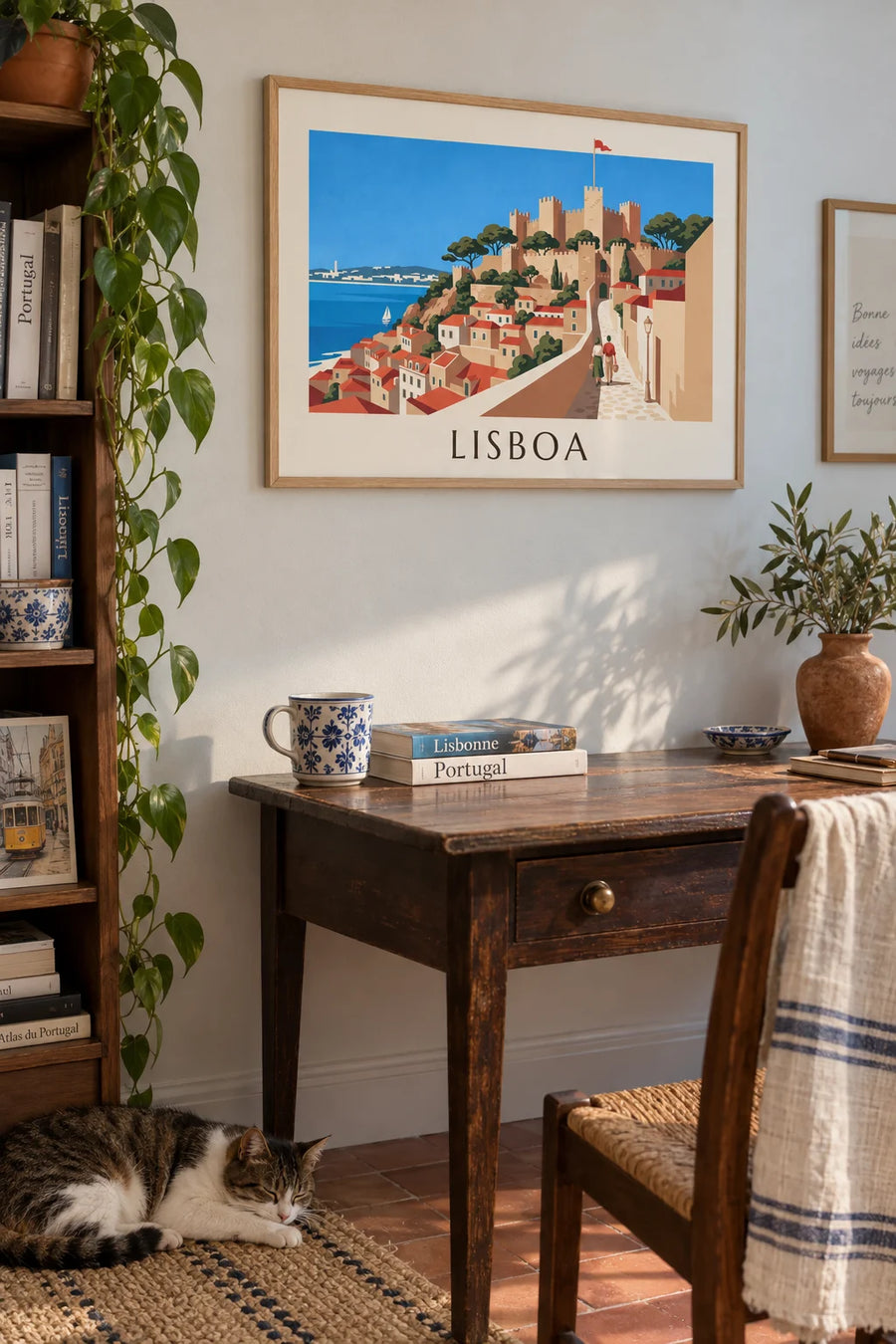 Poster of São Jorge Castle and the rooftops of Alfama in Lisbon: framed on the wall