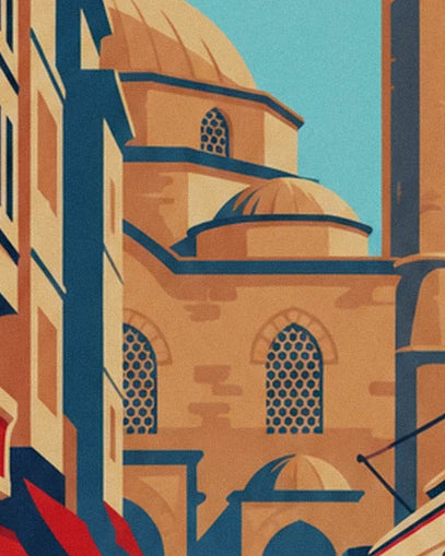 The ochre domes and windows with geometric patterns between the façades
