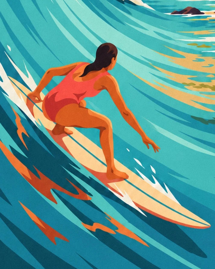 The female surfer in a coral swimsuit on her cream board, in the hollow of the turquoise wave