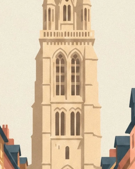 The pale stone tower of the cathedral of Troyes, with tall pointed windows