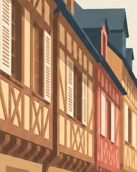The timber-framed houses with white shutters and upper floors overhanging the medieval street
