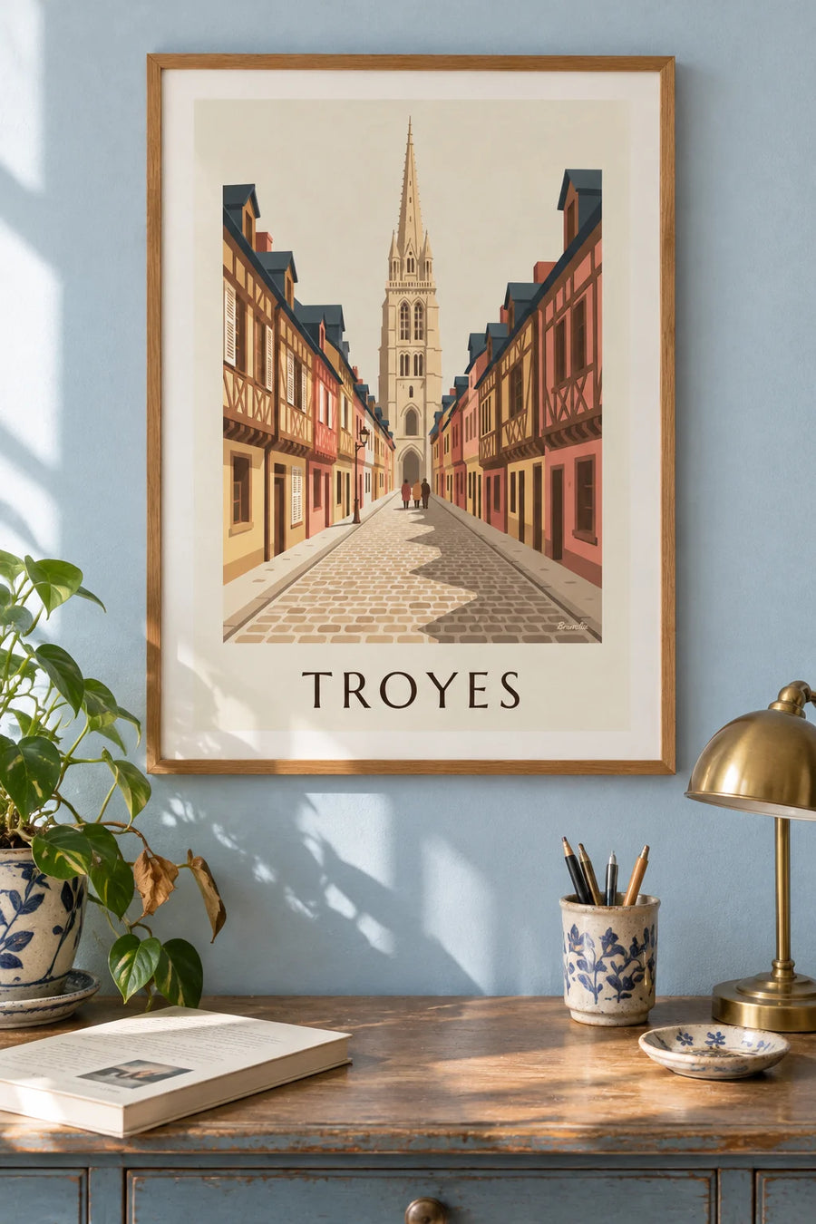 Poster of Troyes Cathedral and a medieval street: framed on the wall