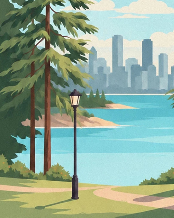 Un lampadaire au bord du chemin, face à la baie turquoise et aux immeubles de Vancouver