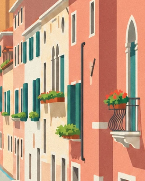Coral-pink façades with green shutters, flowering window boxes and a wrought-iron balcony over the canal