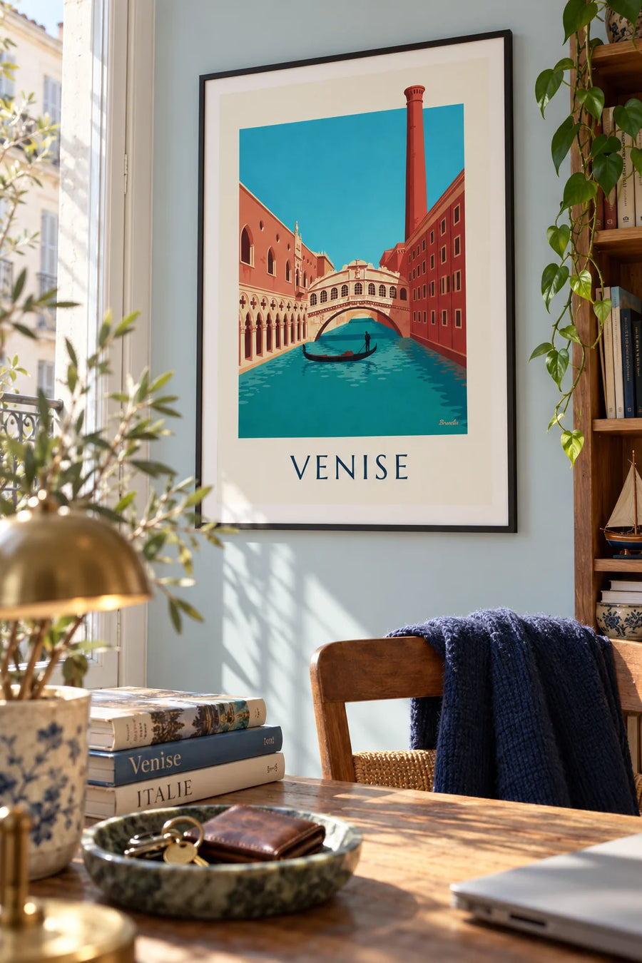 Poster of a gondola beneath the Bridge of Sighs in Venice: framed on the wall