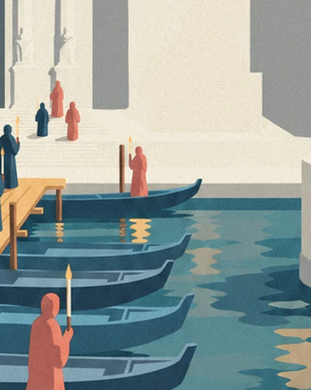 Pilgrims in red and blue robes holding torches, near the blue gondolas moored to the wooden pontoon