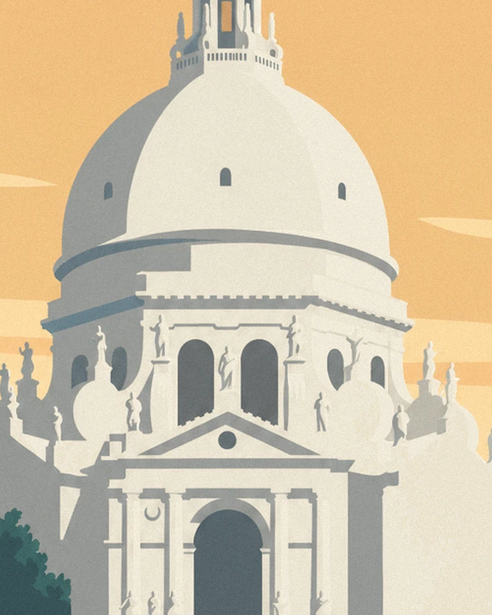 The white dome of the Salute and its façade adorned with statues, beneath an orange sky